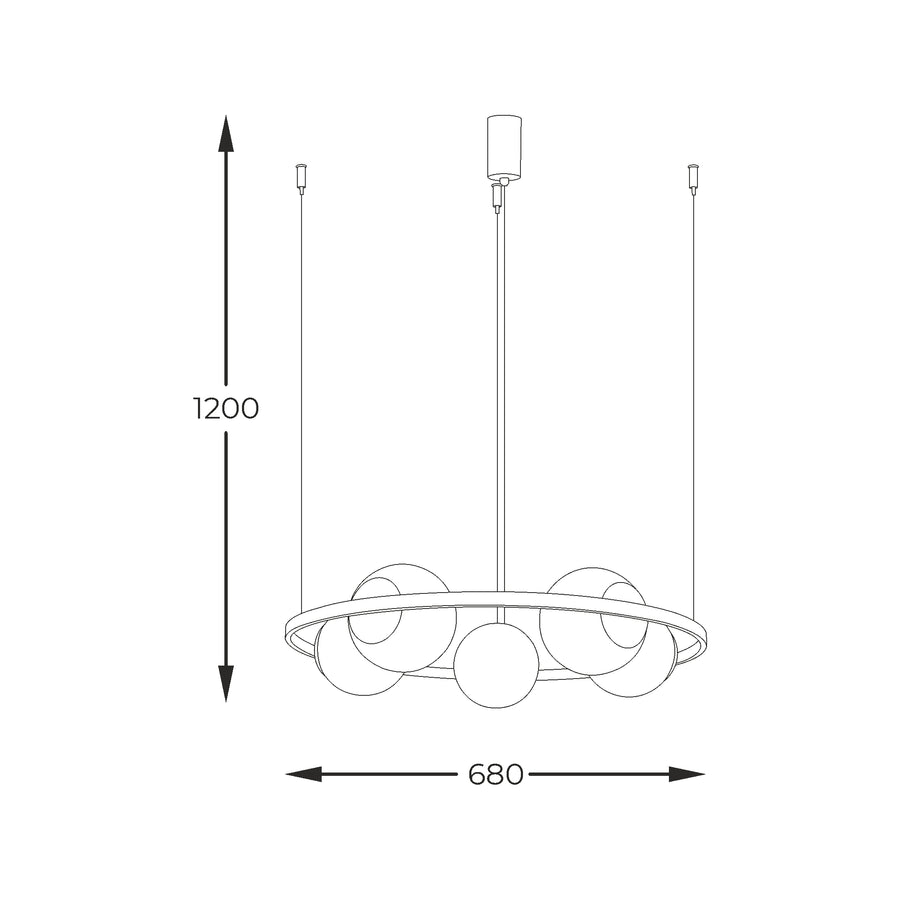 Schéma coté du luminaire, hauteur 1200 mm et diamètre 680 mm