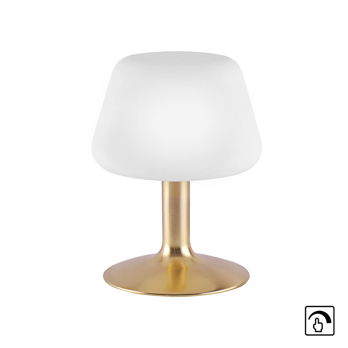 Vue de face sur fond blanc, lampe à poser avec icône tactile indiquant variateur.