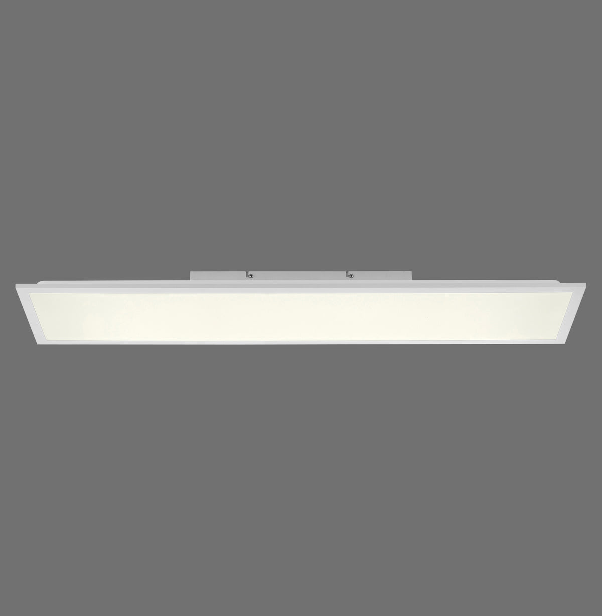 Plafonnier rectangulaire blanc vu de face sur fond gris uni, luminaire allumé