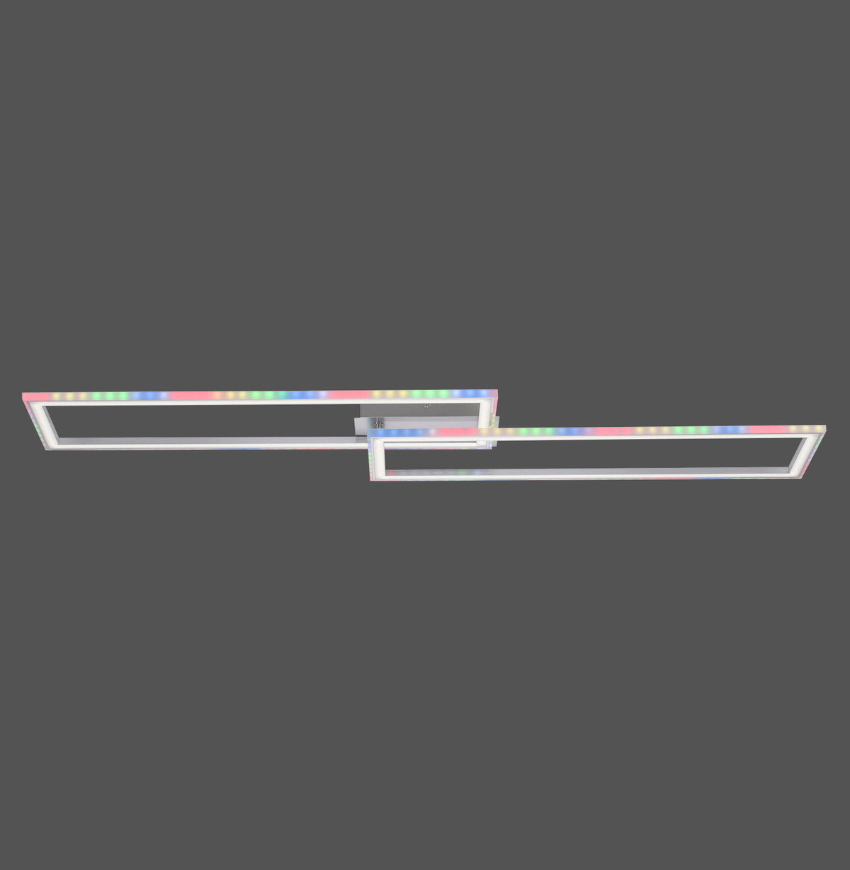 Vue de face du plafonnier rectangulaire à cadres imbriqués et éclairage RGB coloré.