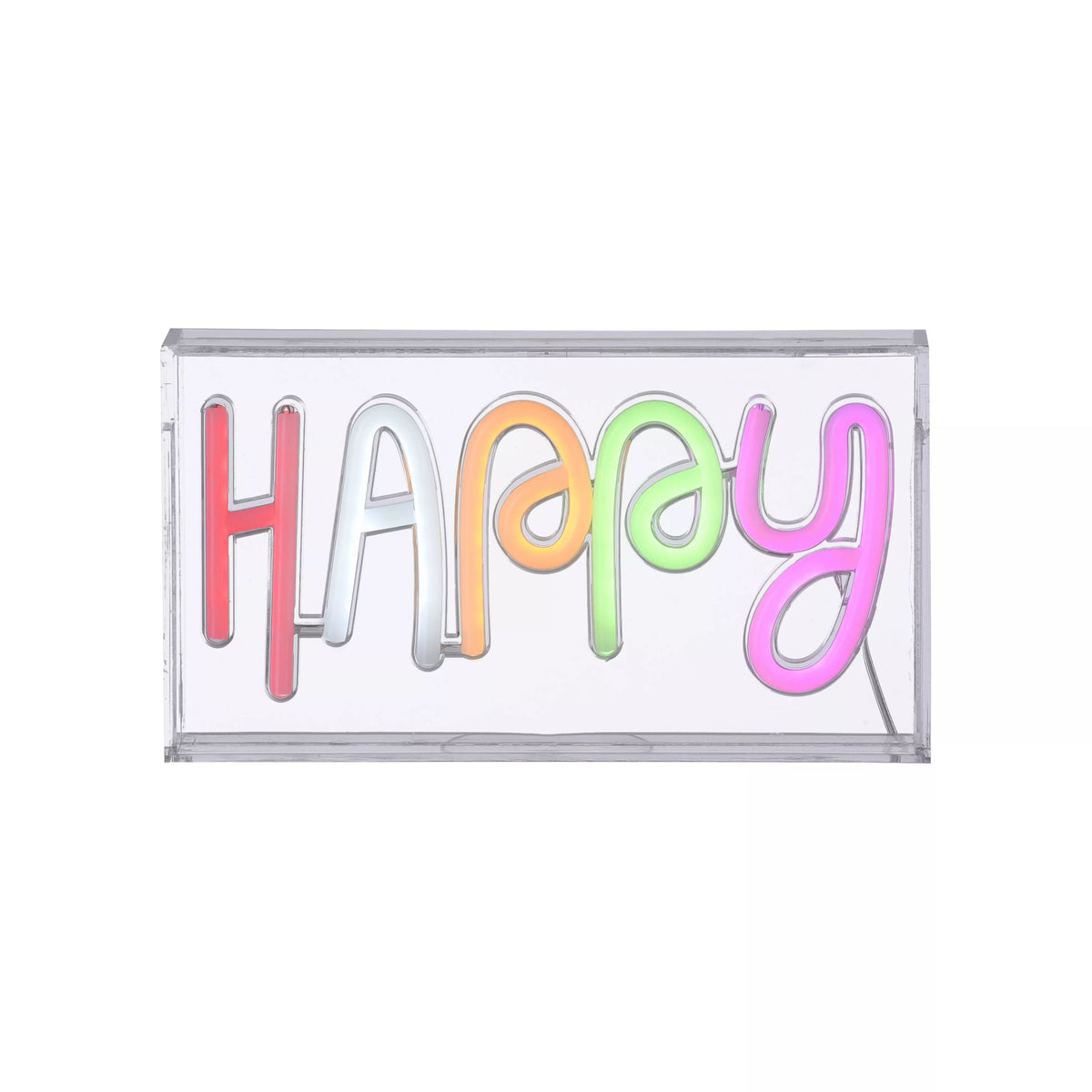 Vue de face du luminaire rectangulaire transparent avec l'inscription Happy multicolore.