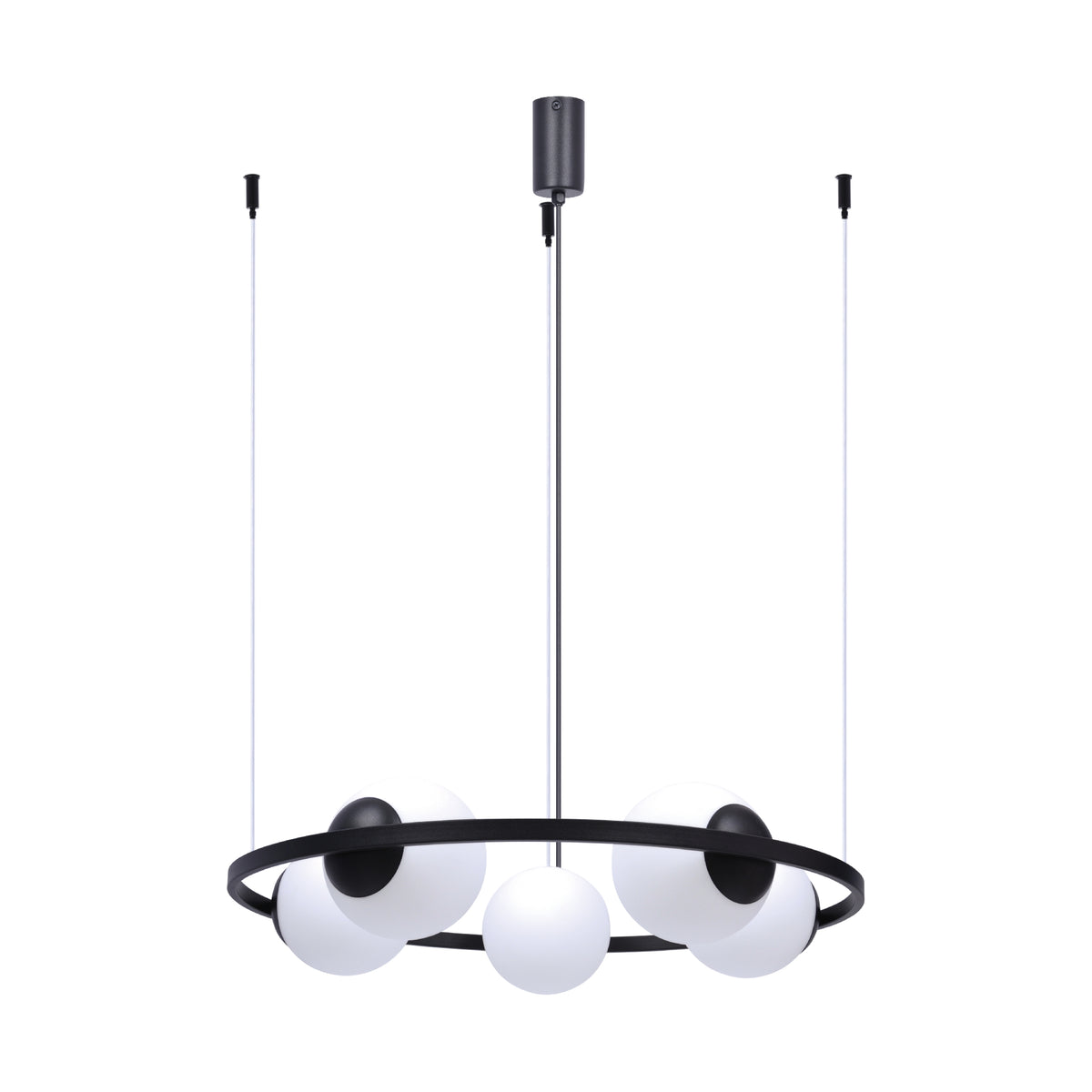 Suspension noire vue de face, anneau et cinq globes de verre blanc