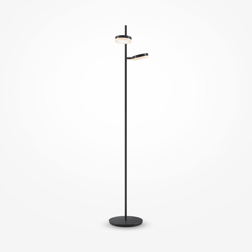 Lampadaire noir à deux têtes rondes orientables, vue de face sur fond blanc