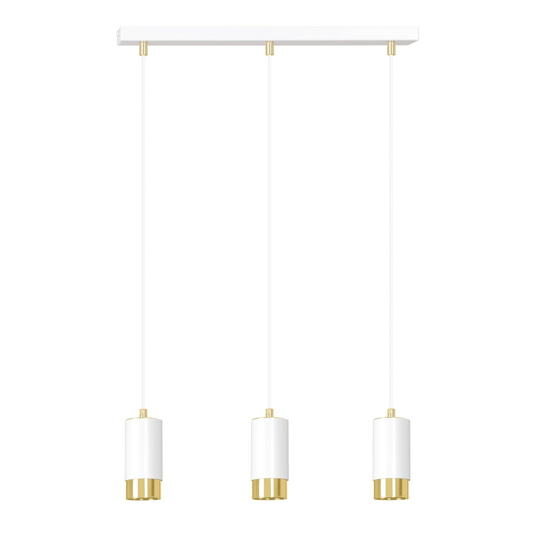 Suspension trois lumières vue de face, abat-jours cylindriques blancs et finitions dorées sur fond blanc.