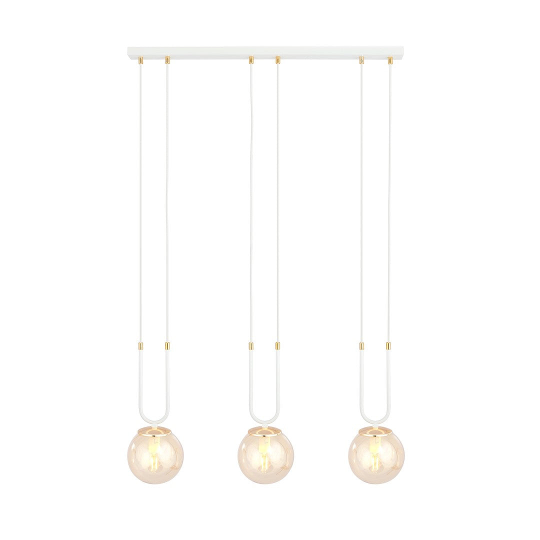 Glam 3-light pendant, white, amber glass
