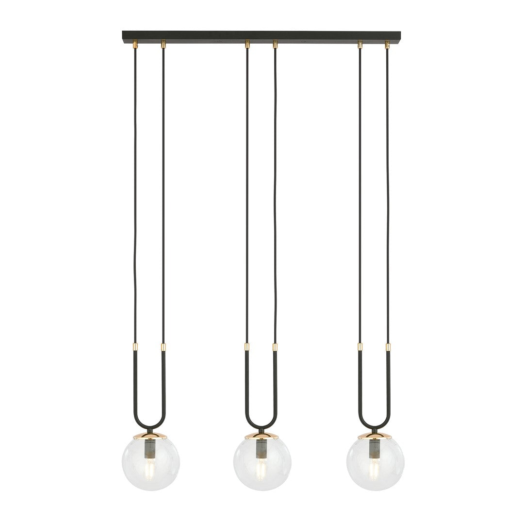 Glam 3-light pendant, black, clear glass