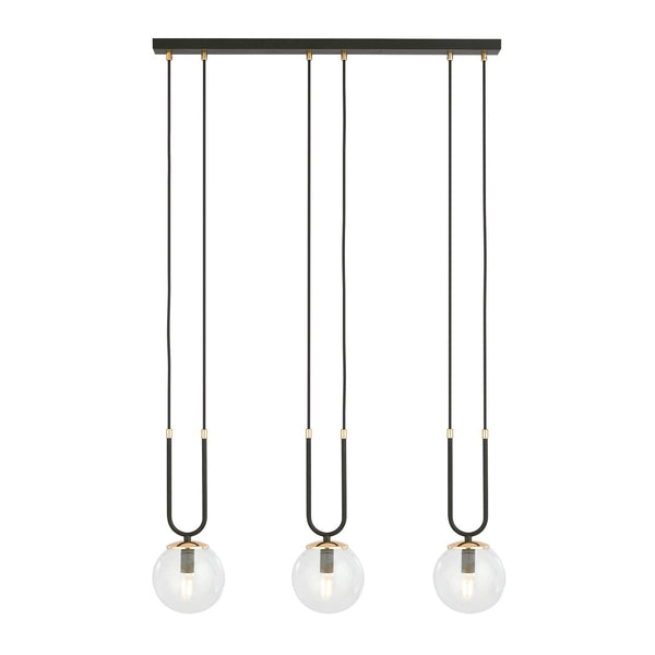 Glam 3-light pendant, black, clear glass