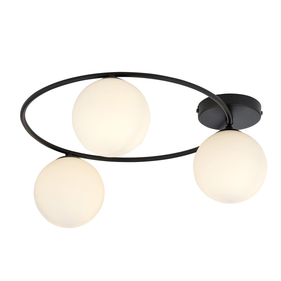 Produit allumé sur fond blanc, trois globes lumineux et structure noire brillante