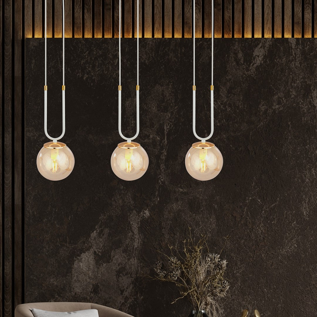 Glam 3-light pendant, white, amber glass