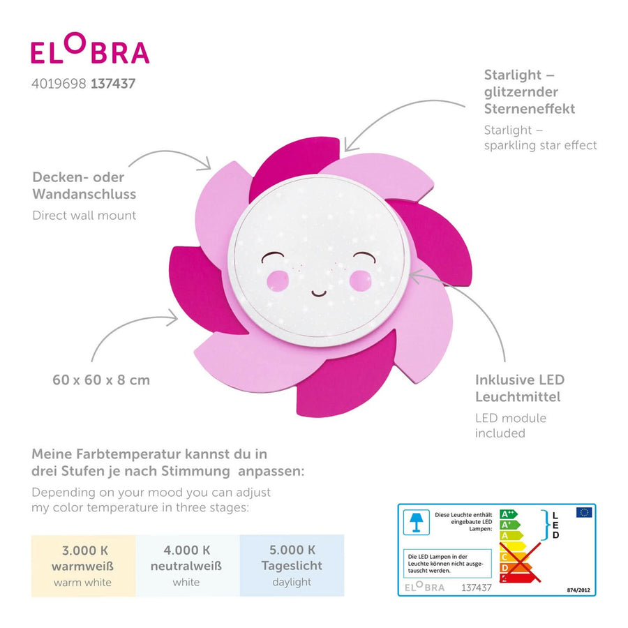 Applique murale LED Soleil Starlight Smile en bois, rose, Ø 60 cm