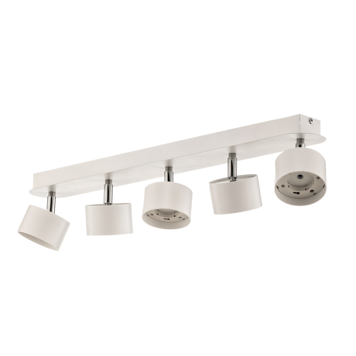 Vue de trois quarts sur fond blanc, cinq spots orientables et embases visibles.