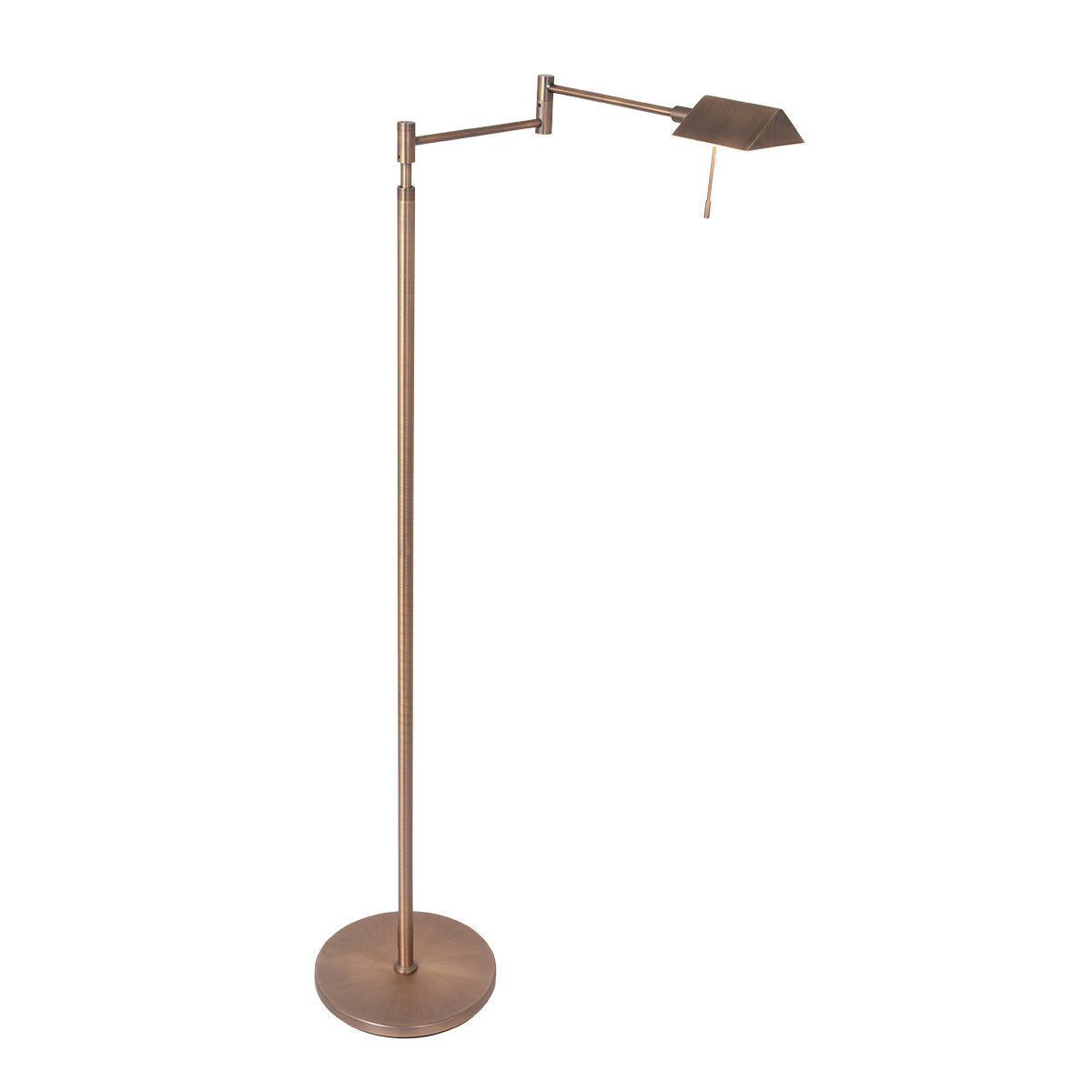 Lampadaire bronze vu de trois quarts, bras articulé et abat-jour rectangulaire incliné