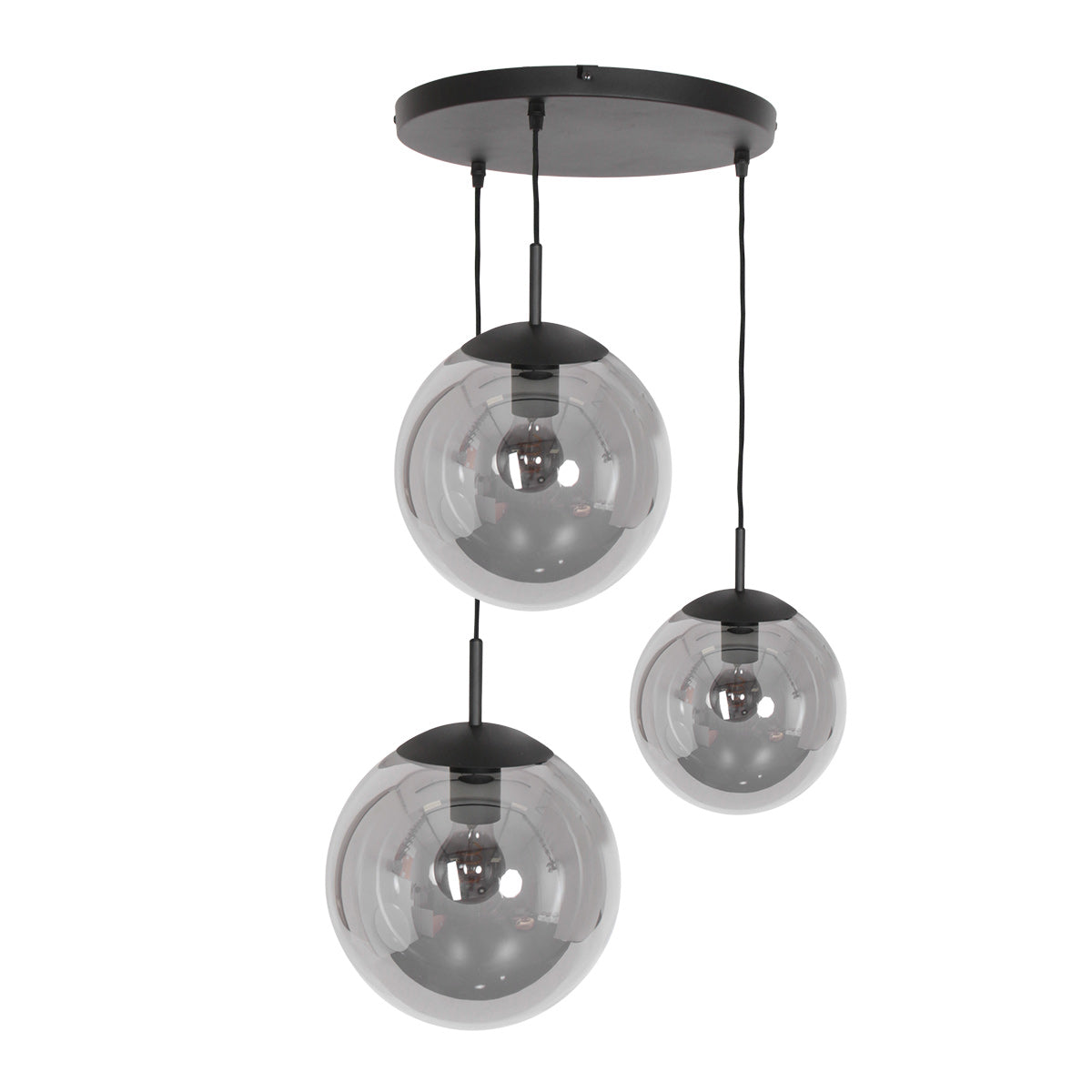 Suspension verre fumé Bollique vue de profil, 3 globes en cascade décalée