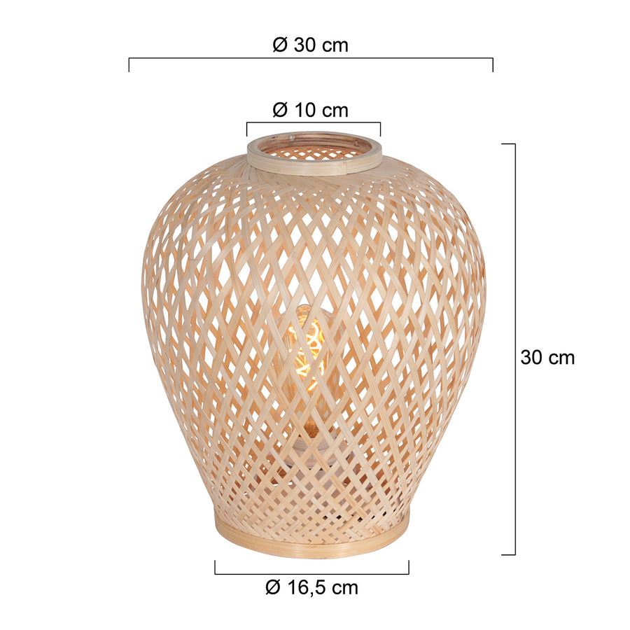 Dimensions de la lampe à poser bambou Maze : Ø 30 cm, base Ø 16,5 cm, hauteur 30 cm