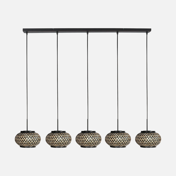 5-light bamboo pendant light, 110 cm bar & woven lampshades | Lombok