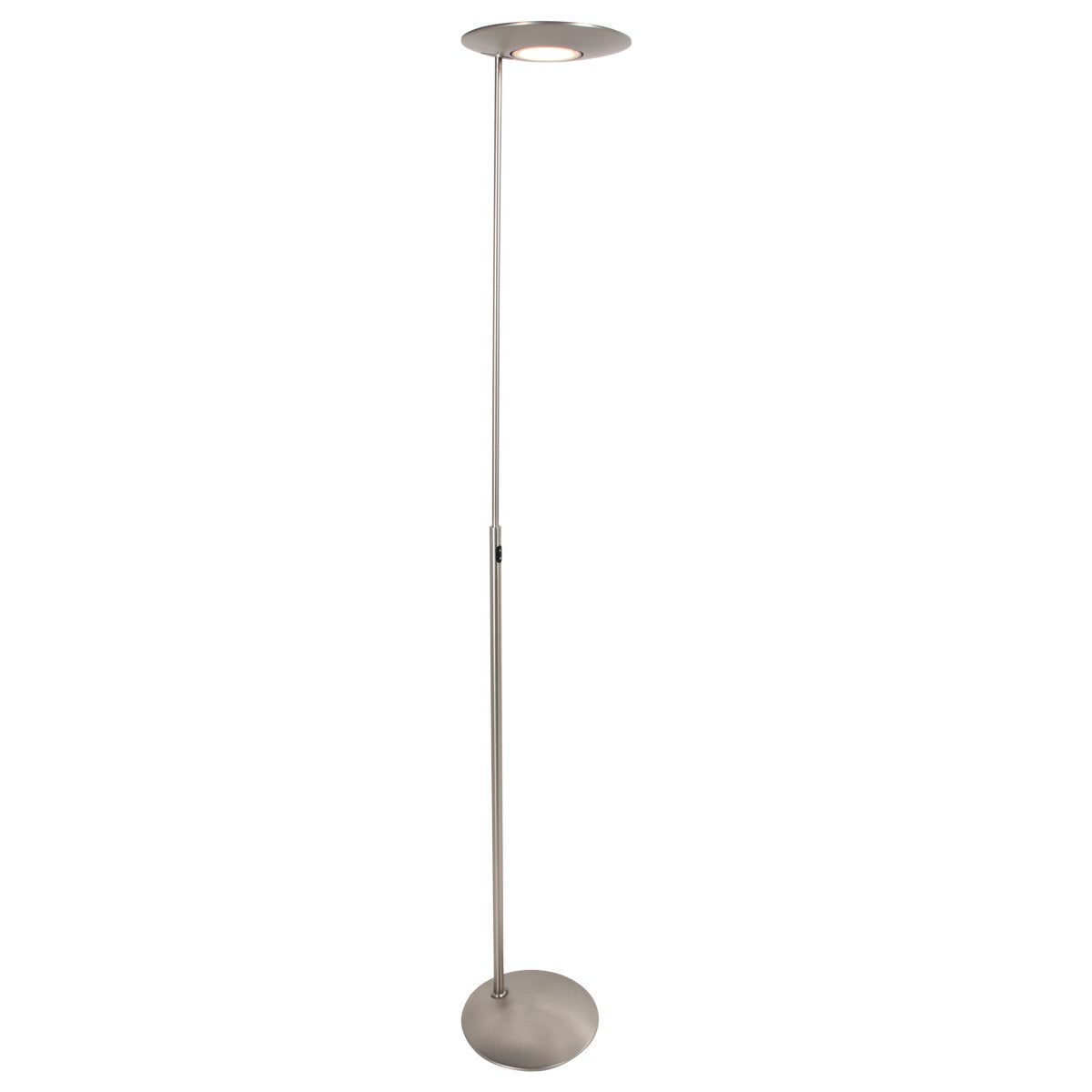 Lampadaire argenté fin, grand disque lumineux et base ronde, sur fond blanc.