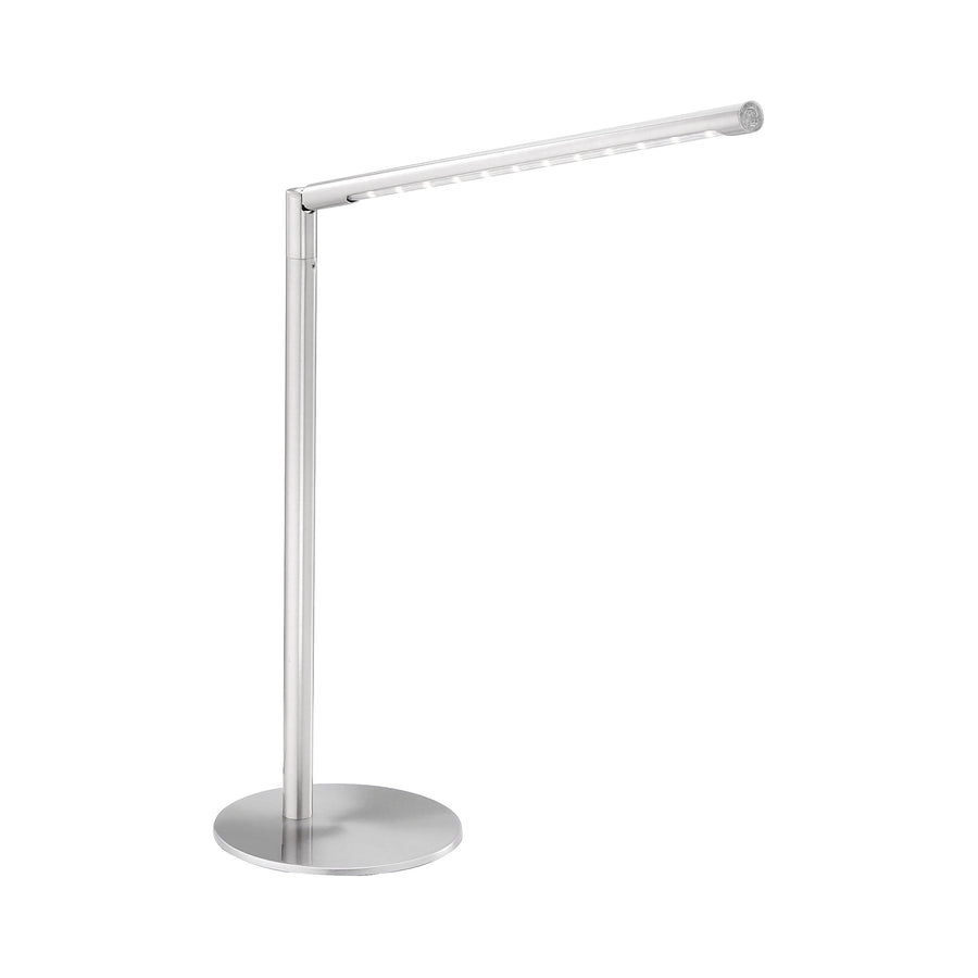 Vue de face du luminaire argenté sur fond blanc, tige verticale et tête plate horizontale.