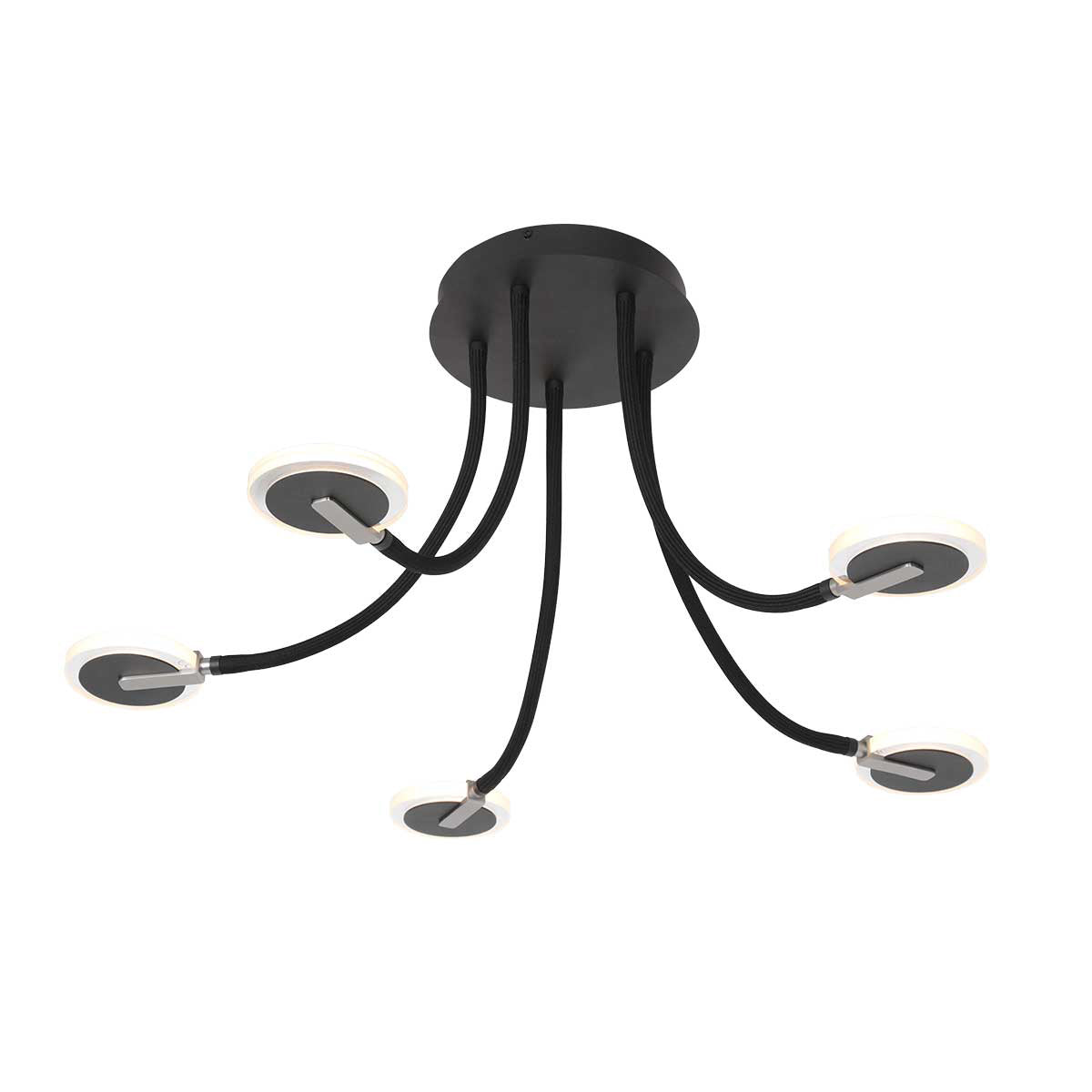 Vue d'ensemble du plafonnier noir à cinq bras recourbés et disques lumineux.