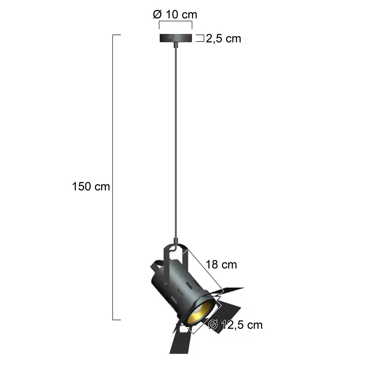 Dimensions de la lampe projecteur cinéma : tête 18 cm, Ø abat-jour 12,5 cm, câble 150 cm
