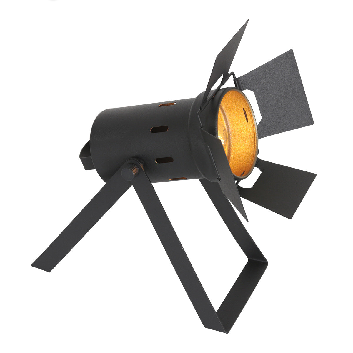 Lampe de table noire vue de trois quarts, volets carrés déployés autour du foyer