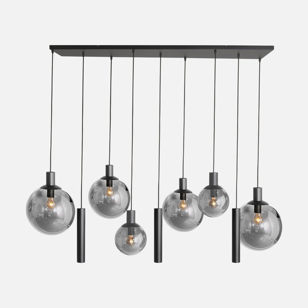 Black smoked glass globe pendant light, 9 lights 160 cm for living room | Bollique
