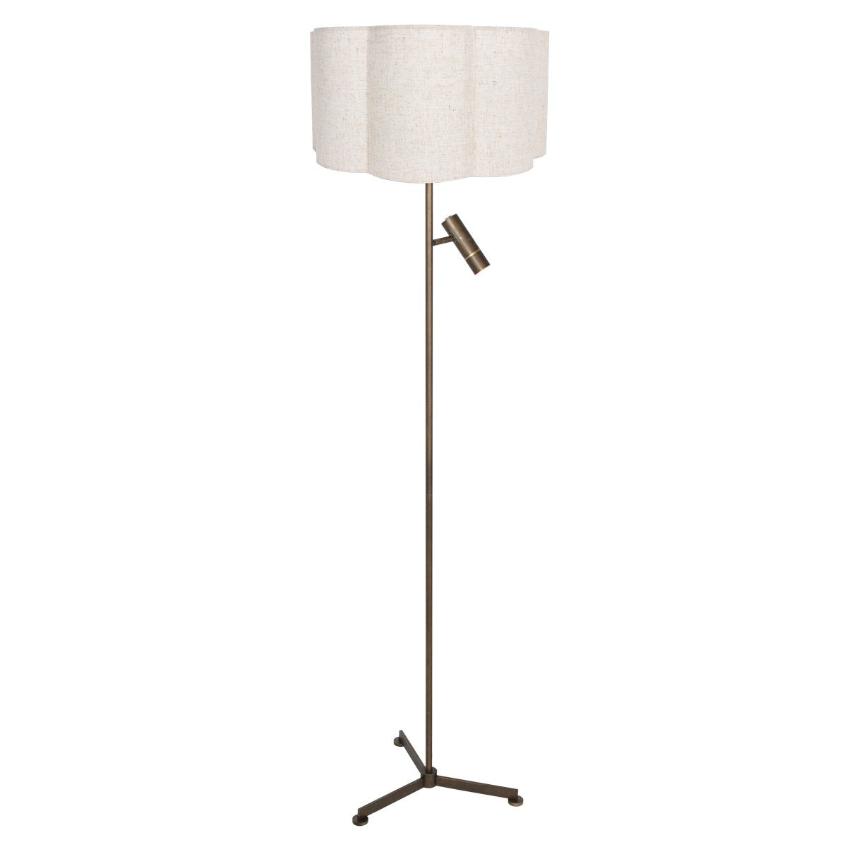 Lampadaire entier de face sur fond blanc avec abat-jour crème et structure bronze.