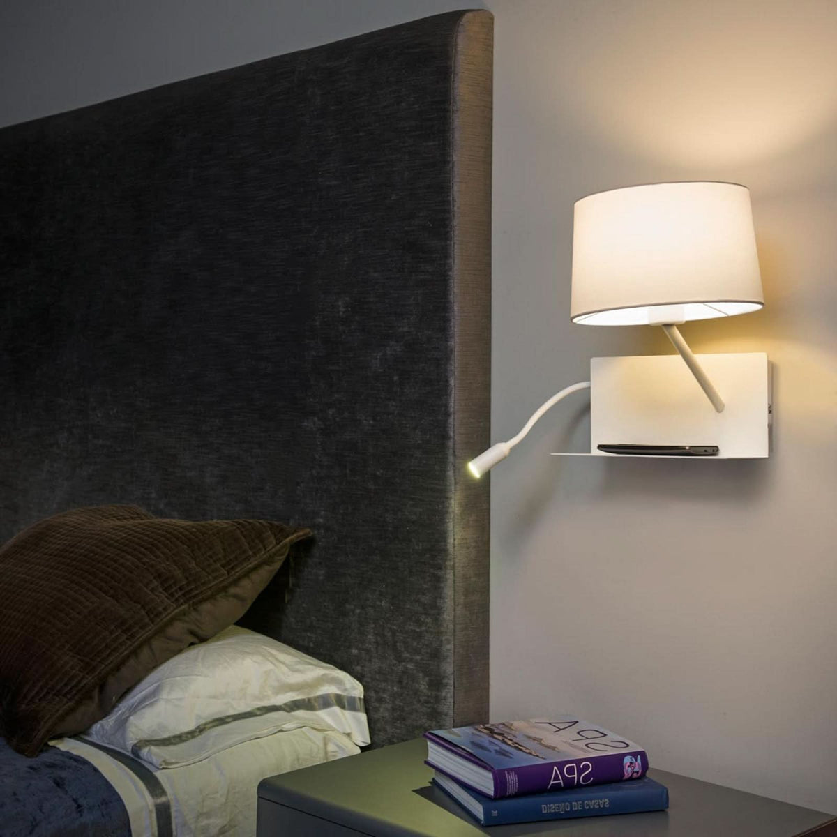 Applique murale Handy en tissu, blanc, 2 lumières, hauteur 55,5 cm