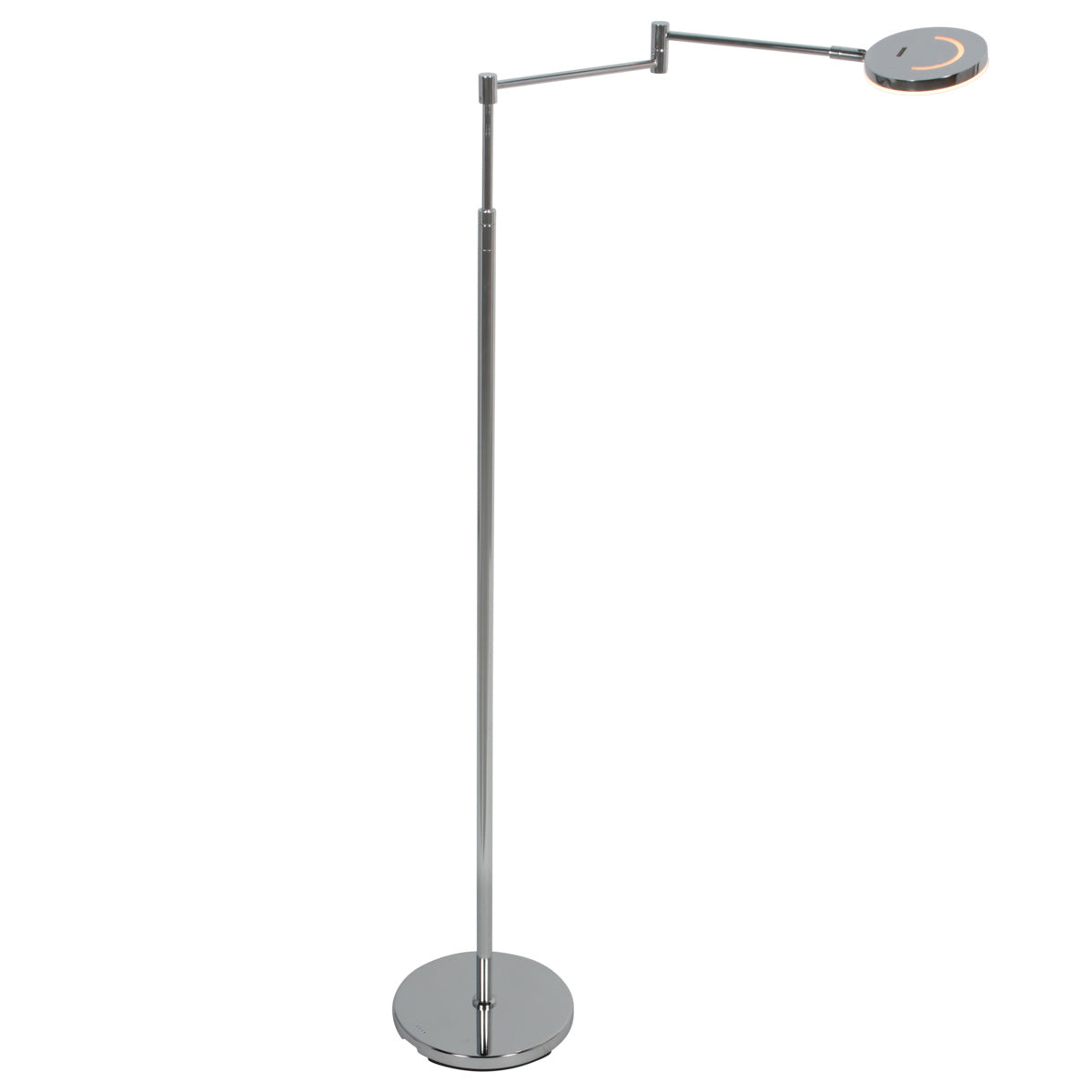 Lampadaire chromé argenté vu de face, bras articulé déployé et tête ronde orientable
