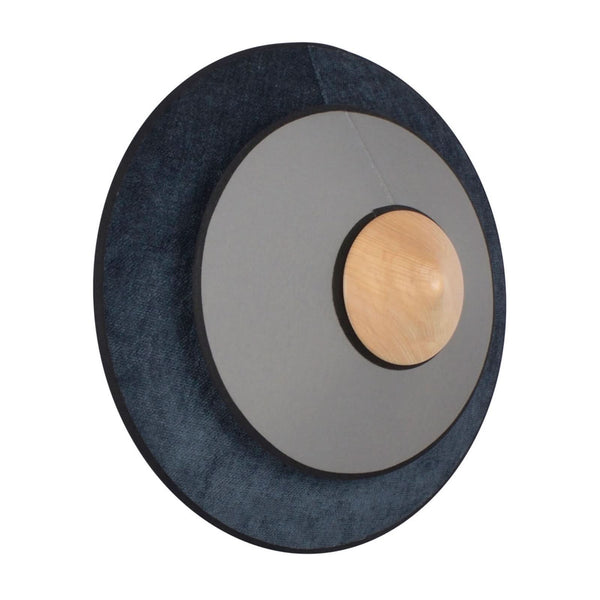 Applique murale LED Cymbal S en velours, bleu foncé et bois, Ø 34 cm