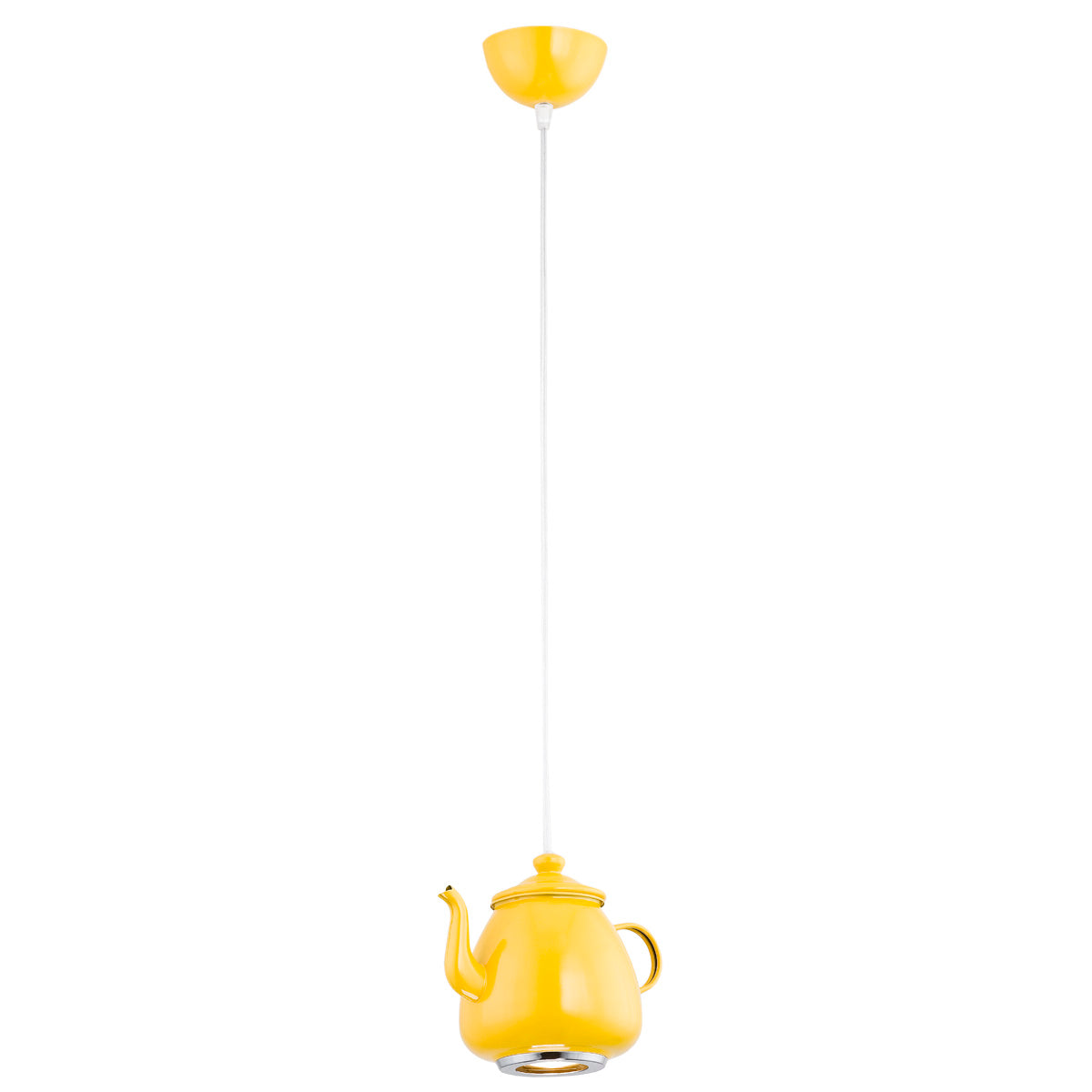 Version jaune du luminaire théière suspendu, présentée de profil sur fond neutre