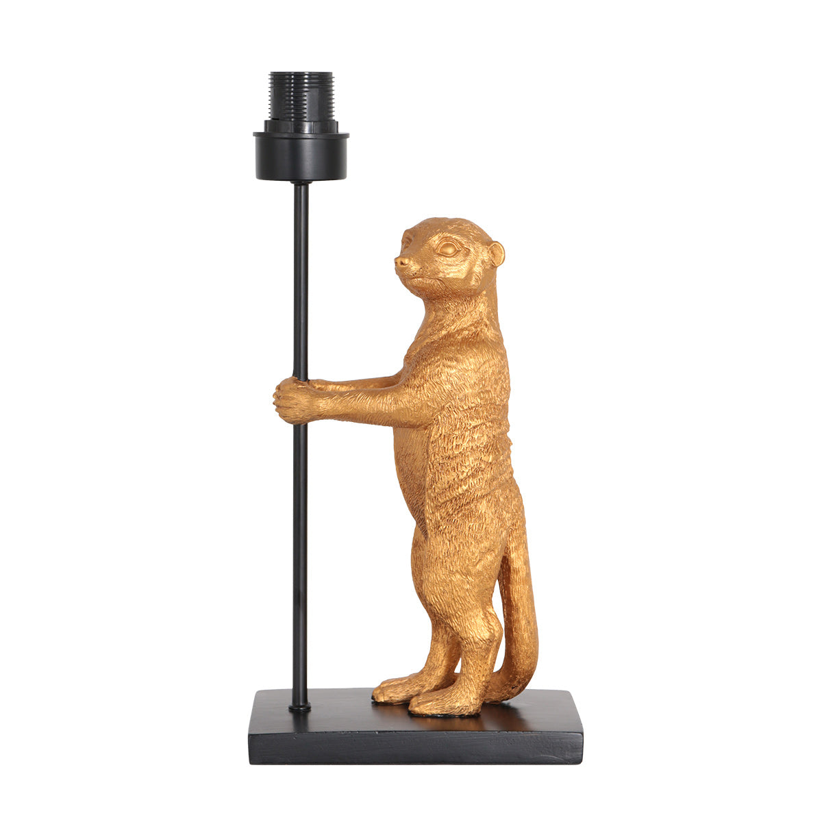 Socle sans abat-jour, animal doré debout tenant la tige et douille