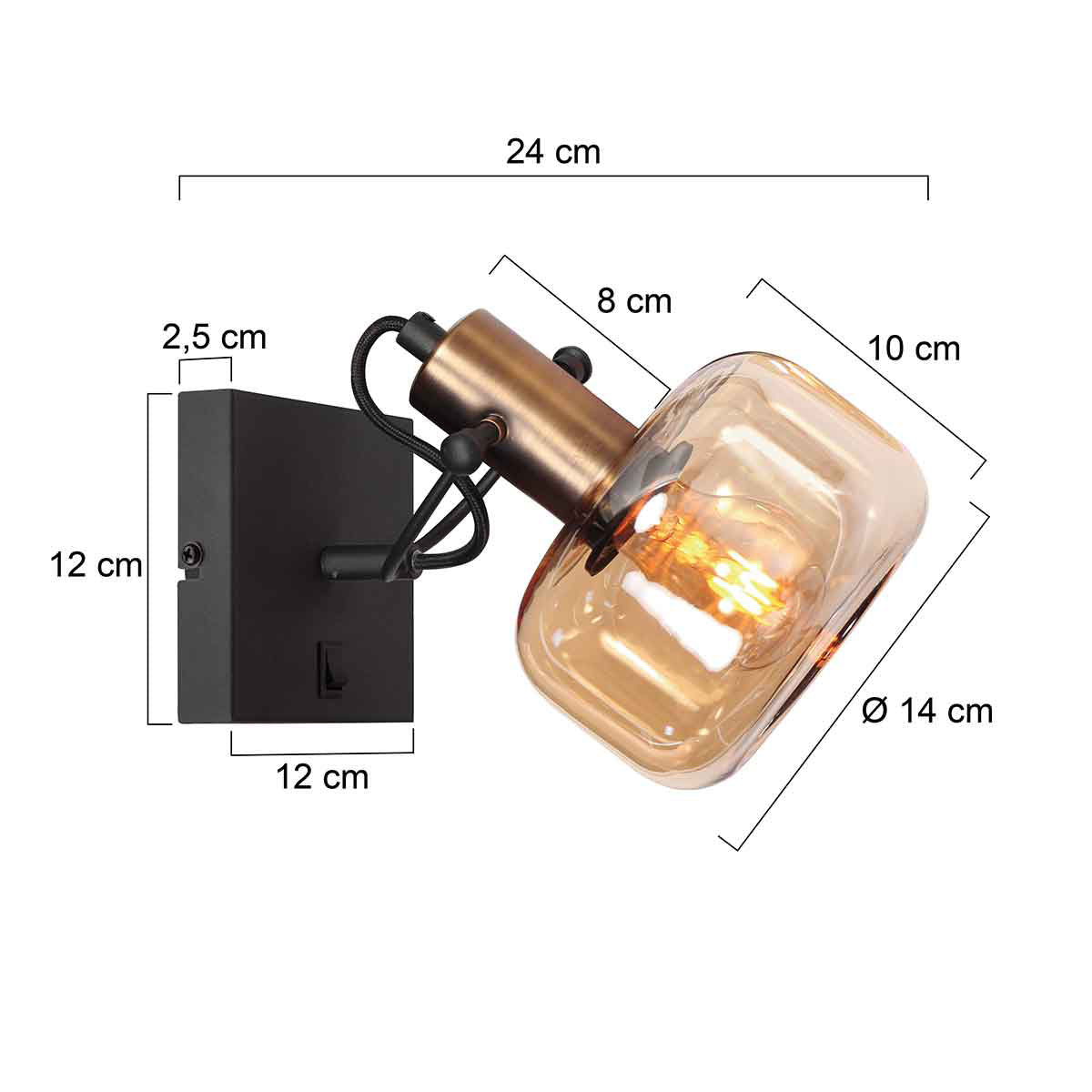 Glaslic 3864BR wall lamp in bronze with amber glass