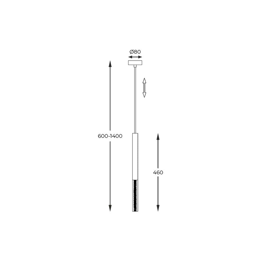 Schéma de dimensions avec hauteur réglable, diamètre de rosace et longueur du luminaire