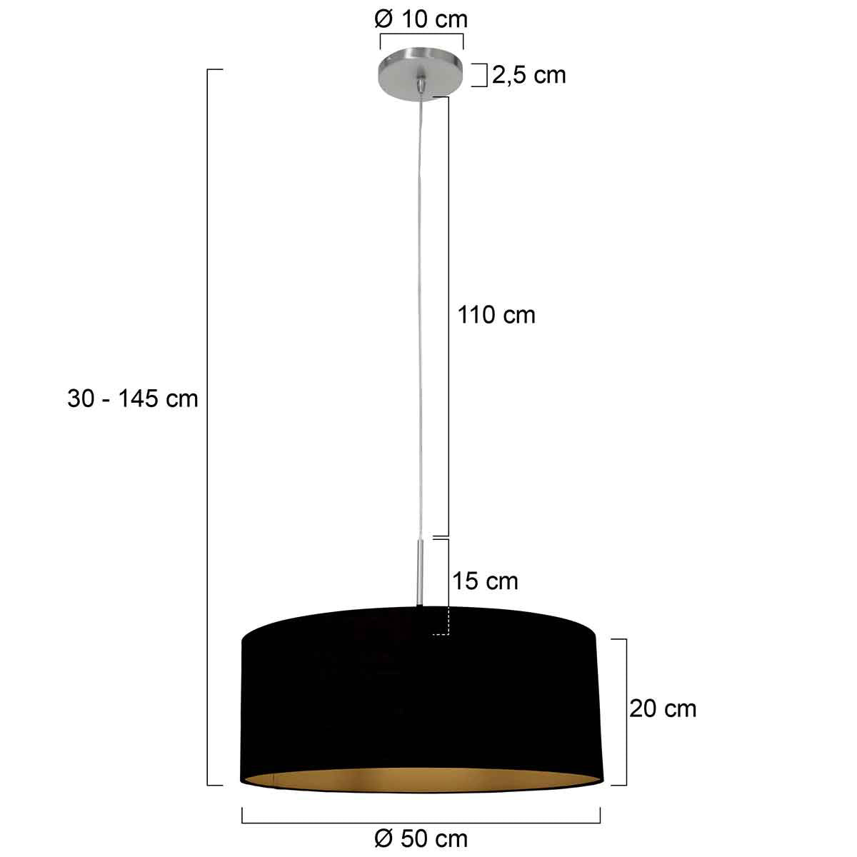Dimensions suspension abat-jour noir : Ø 50 cm, hauteur réglable 30-145 cm