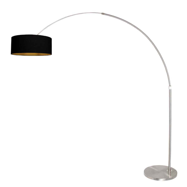 Steel-colored floor lamp / Sparkled Light 3963ST arched floor lamp, including a black lampshade with a gold interior.