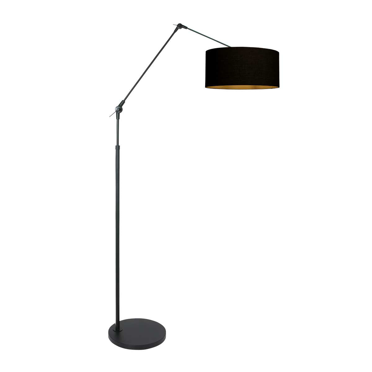 Vue d'ensemble du lampadaire noir à bras articulé et abat-jour cylindrique