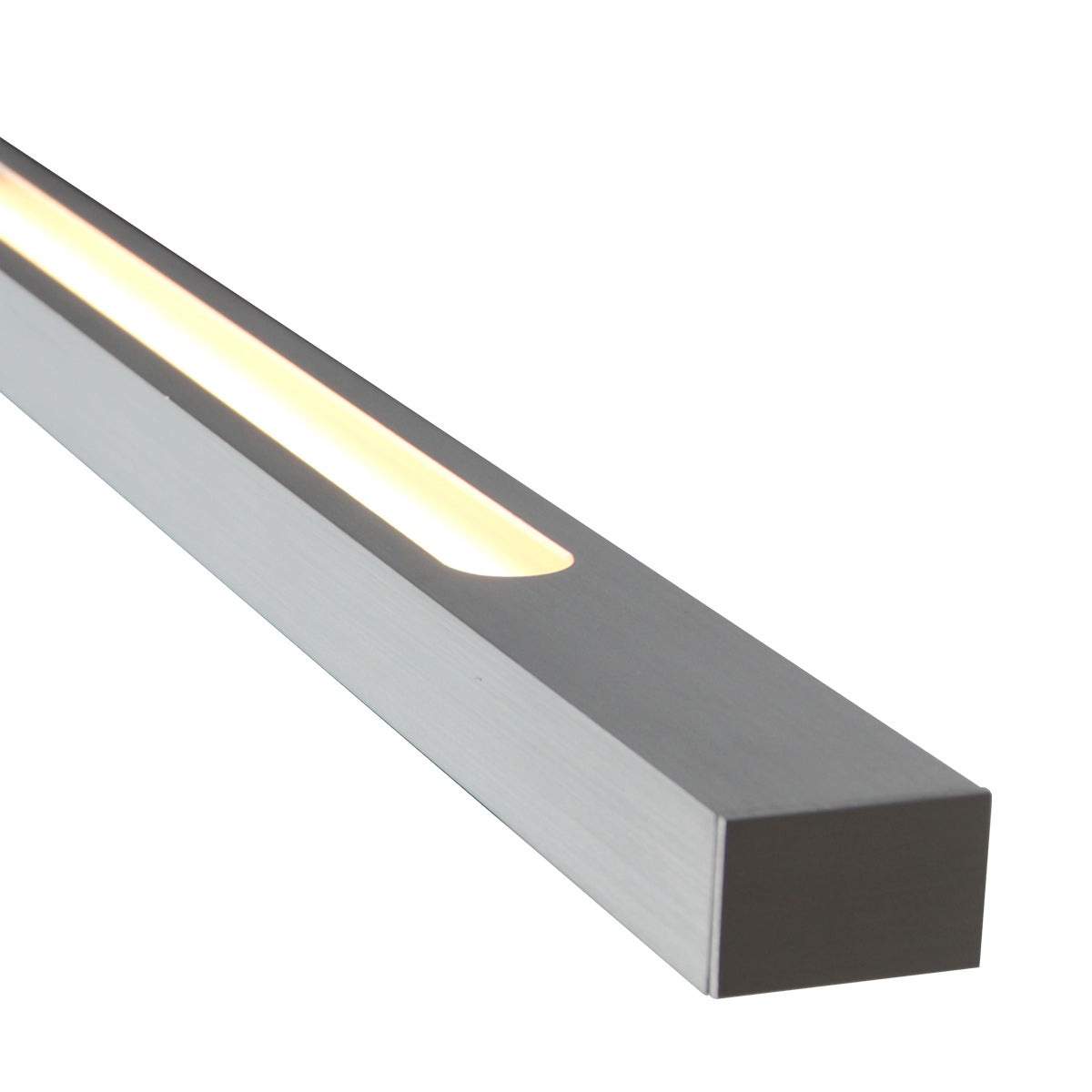 Détail du bandeau LED blanc chaud encastré dans la barre acier brossé