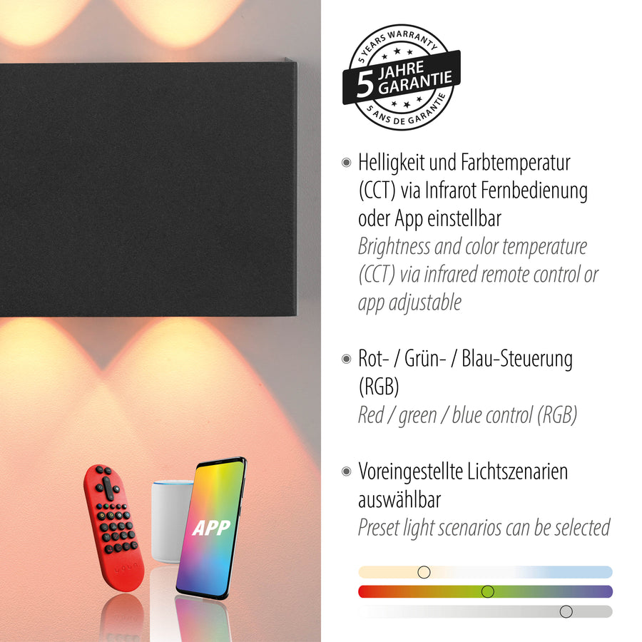 Visuel promotionnel avec garantie cinq ans et rappel des réglages de luminosité, couleur et scénarios