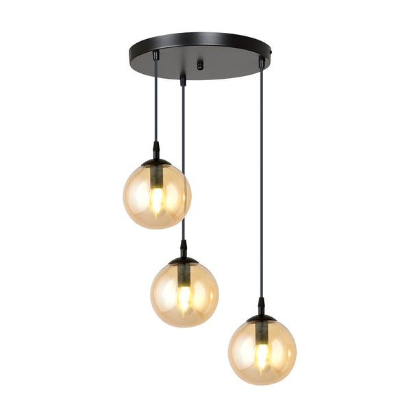 Cosmo 3-light pendant, black, amber glass, Premium