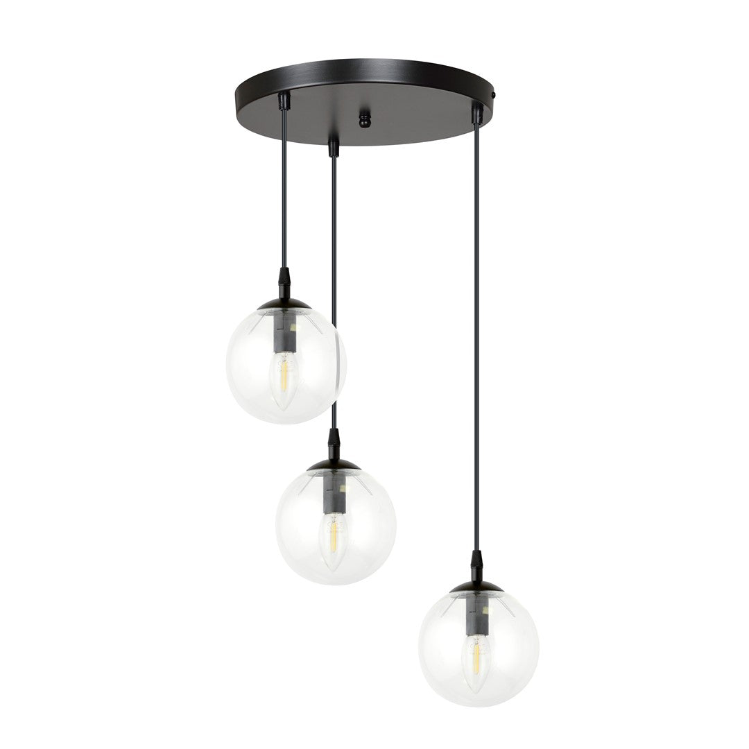 Cosmo 3-light pendant, black, transparent glass, Premium