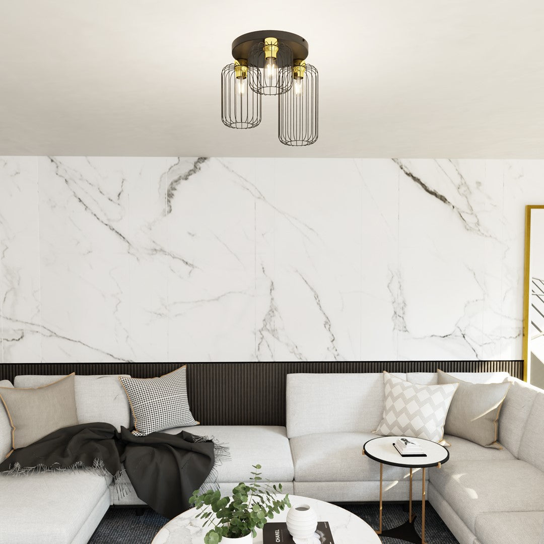 Barn 3-light ceiling light, black and gold, Premium