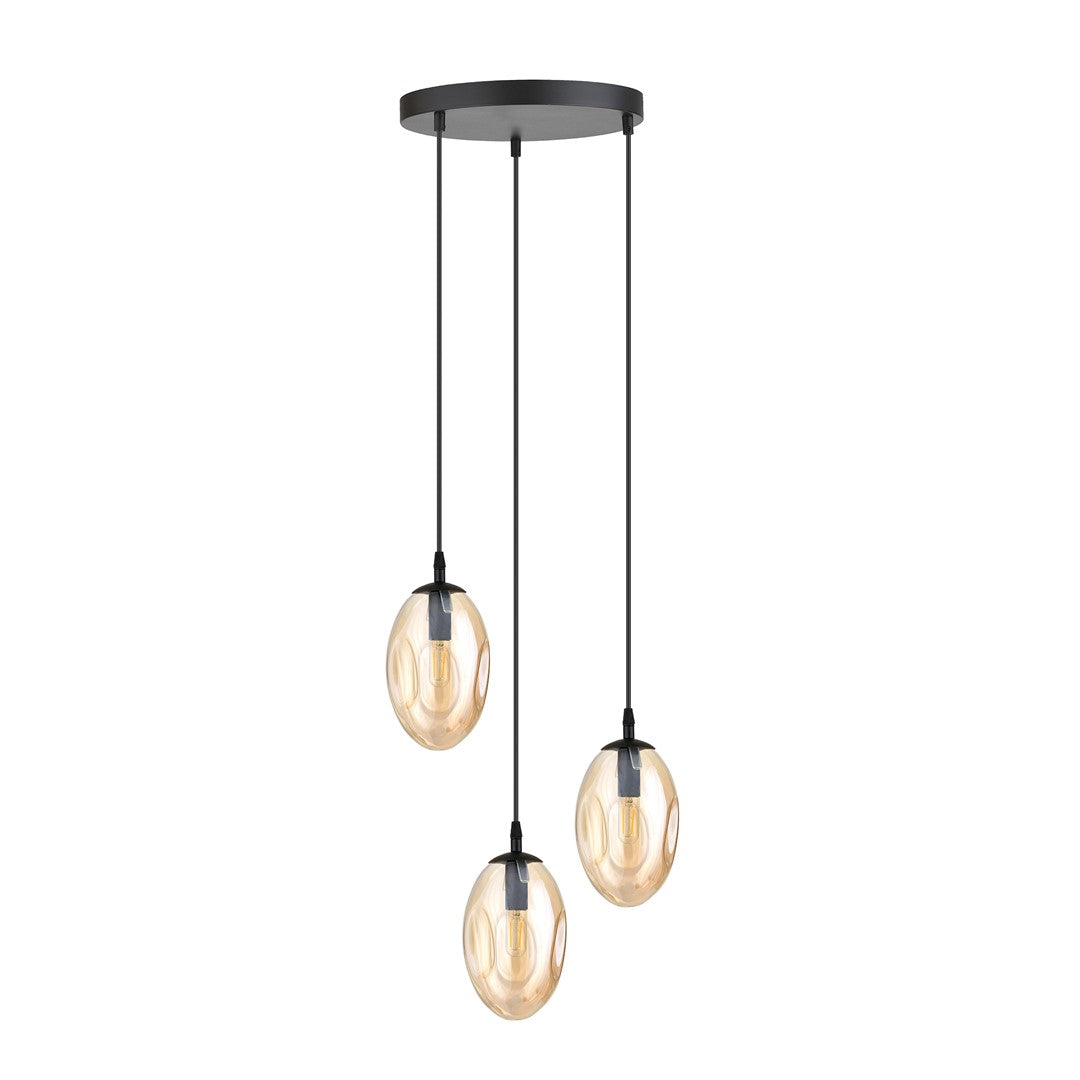Astral 3-light pendant, black, amber glass