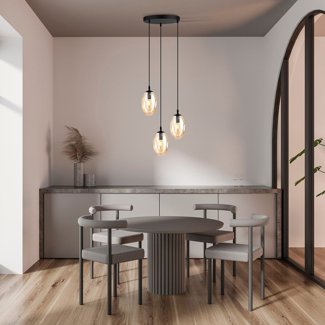 Astral 3-light pendant, black, amber glass
