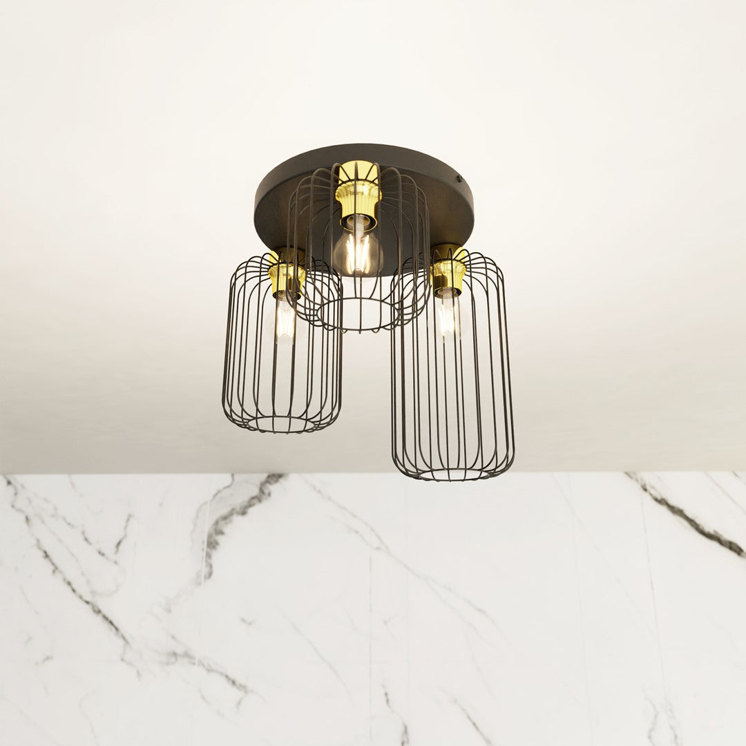 Barn 3-light ceiling light, black and gold, Premium