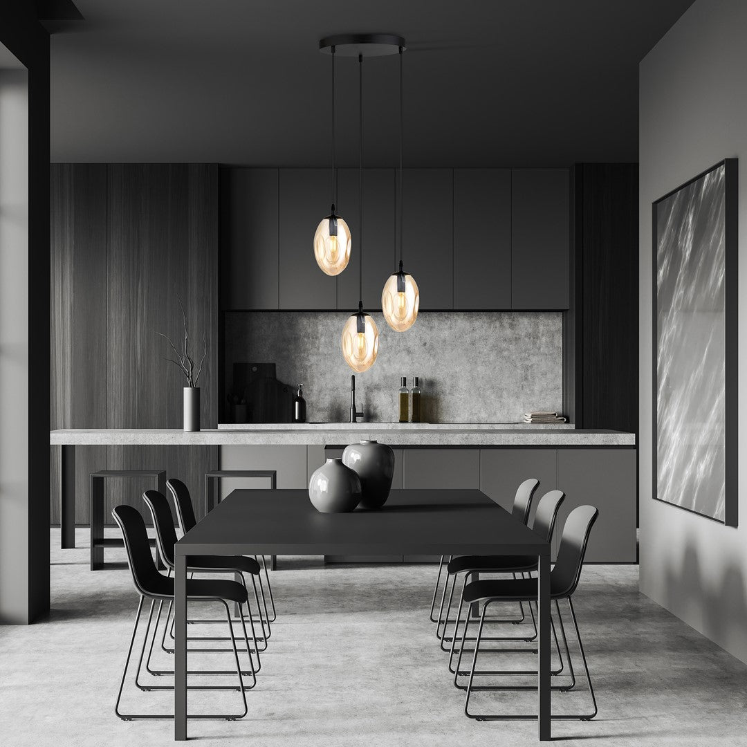 Astral 3-light pendant, black, amber glass