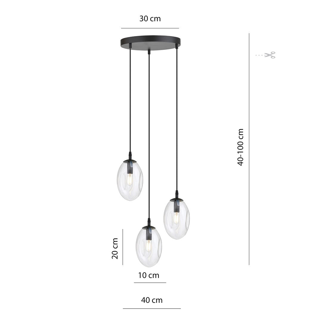 Astral 3-light pendant, black, clear glass