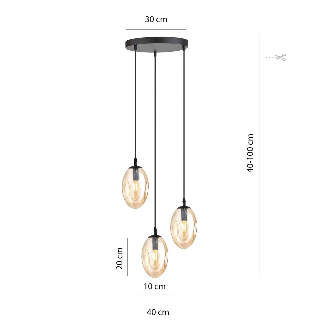 Astral 3-light pendant, black, amber glass