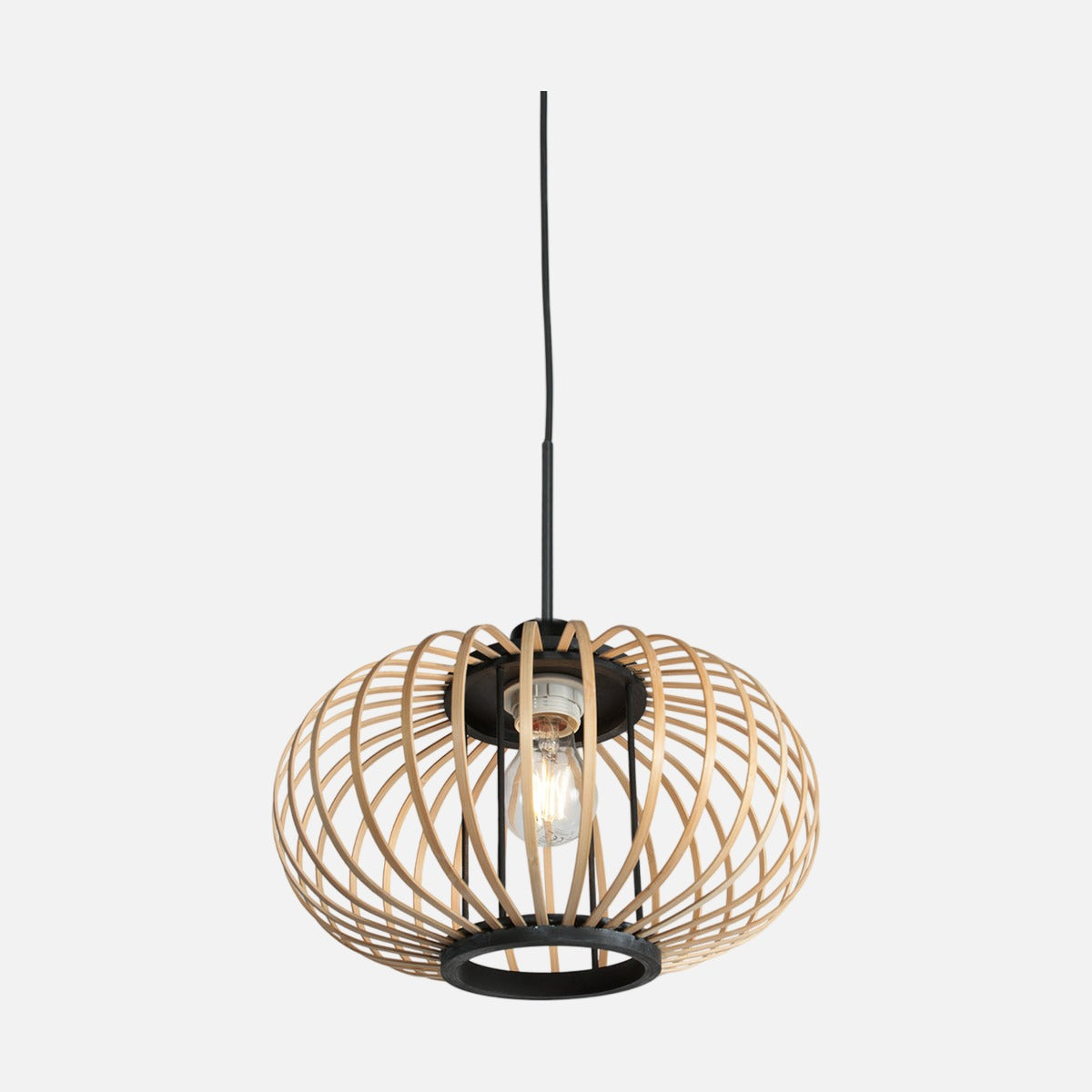 Suspension boule bambou Kubu, cage ajourée en bambou naturel Ø 31 cm et base métal noir