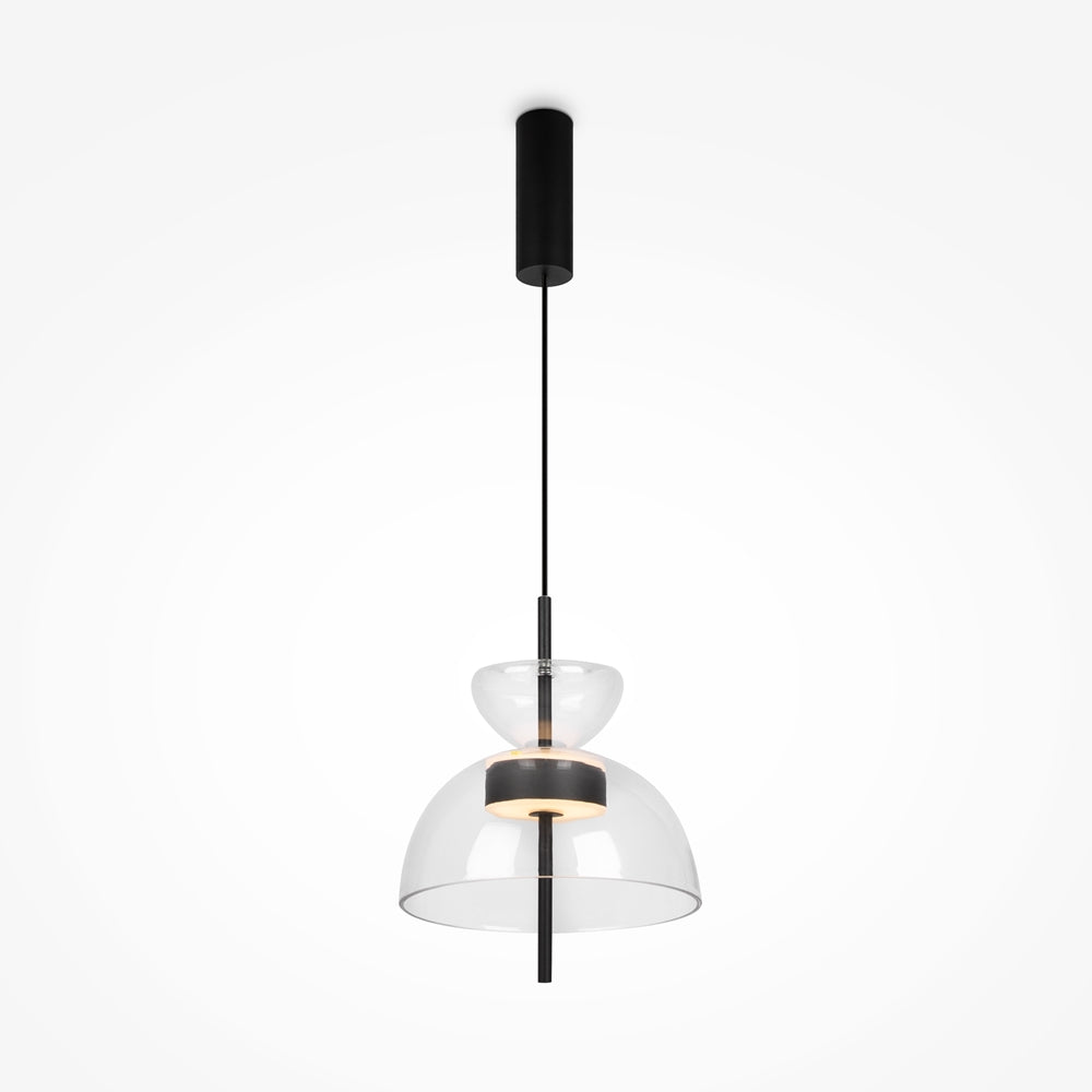 Suspension entière de profil, double abat-jour en verre transparent et tige noire