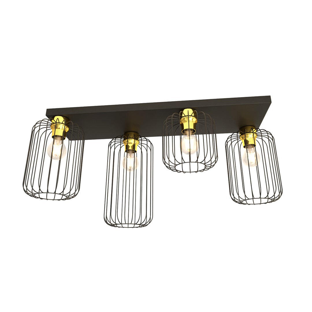 Luminaire seul sur fond blanc, quatre cages filaires noires sous une platine rectangulaire.
